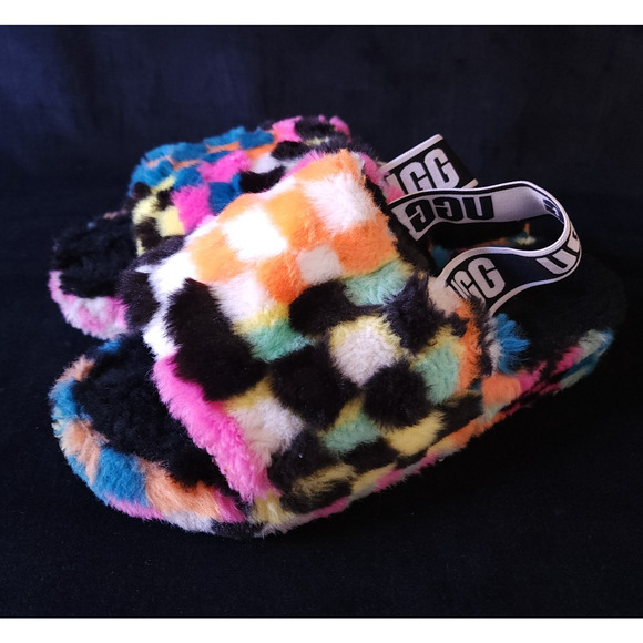 UGG Fluff Yeah Slide Check Checkerboard Plush Strap Back Size 5 Sandals Slides - Picture 1 of 13